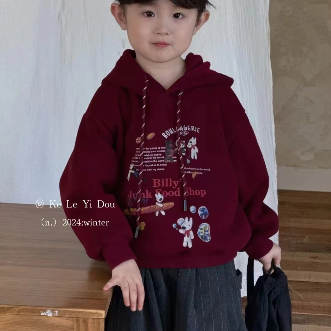 7809【恭喜发财】儿童加绒卫衣连帽上衣冬装新款红色卫衣新年上衣