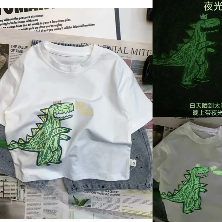 8826-夏季夜光短袖T恤潮流时尚恐龙印花韩版潮牌男女宝宽松上衣