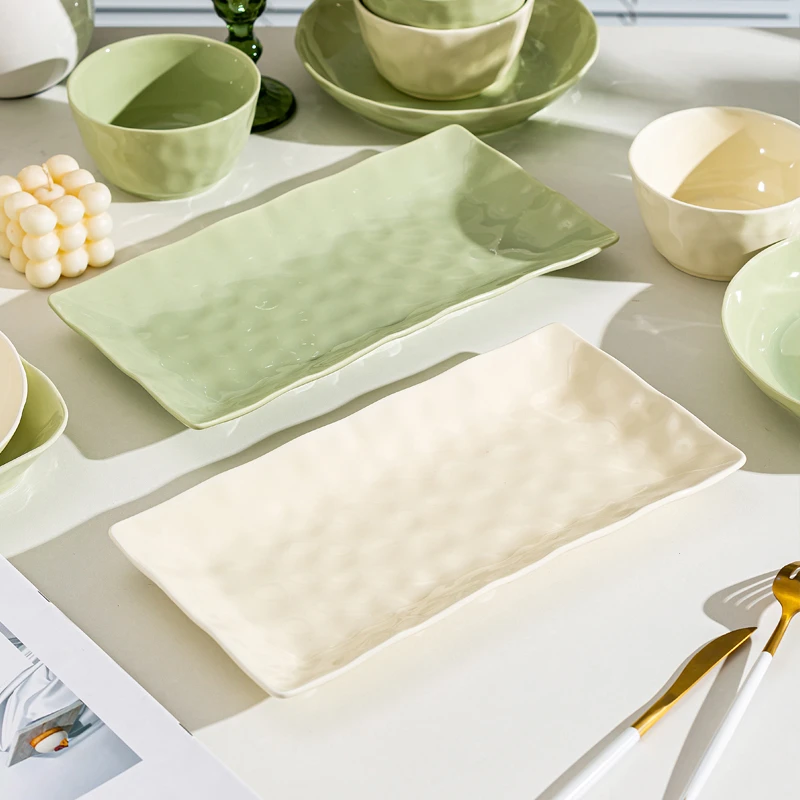 奶油风方形鱼盘2个装景德镇家用陶瓷餐具釉下彩食品级环保省钱风