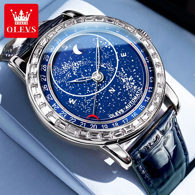 瑞士认证正品牌星空手表男机械表全自动真皮带月相夜光满天星名表