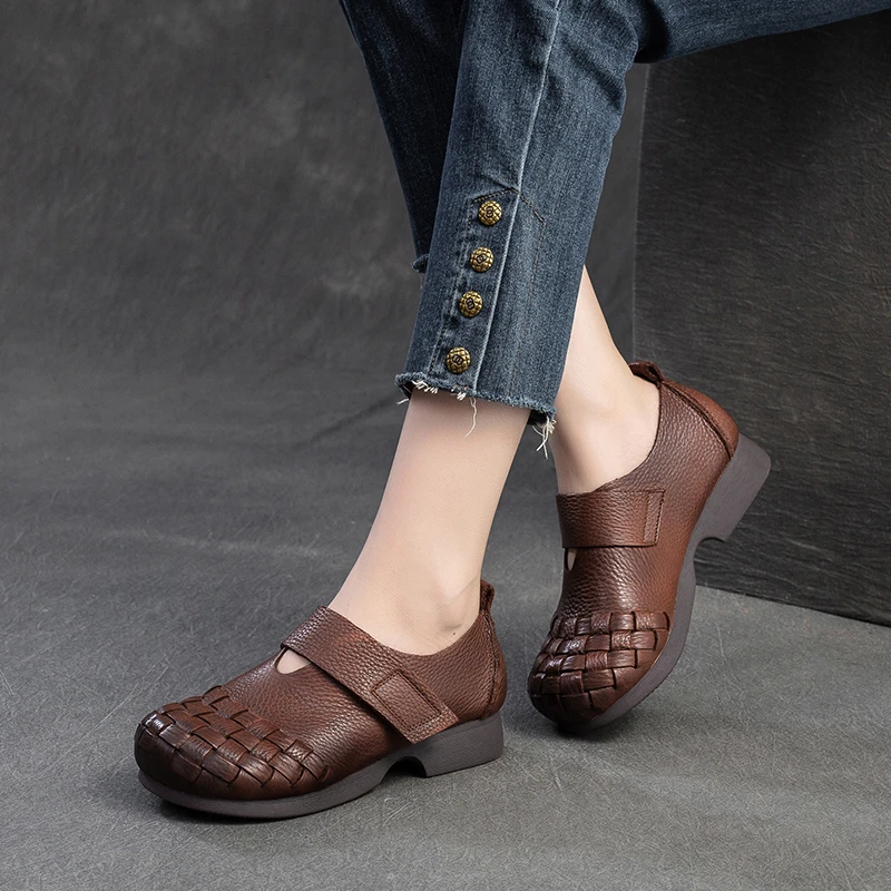 65287真皮复古手工女鞋软底牛皮编织妈妈鞋舒适小众单皮鞋