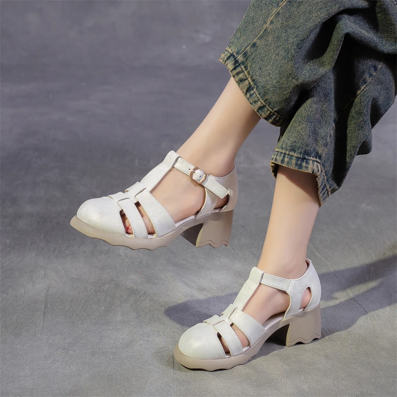 夏季新款罗马凉鞋真皮中跟舒适软底女鞋粗跟优雅镂空皮凉鞋8531