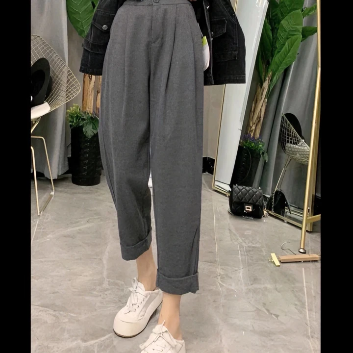 秋冬新款高腰宽松休闲裤时尚百搭毛呢烟管裤