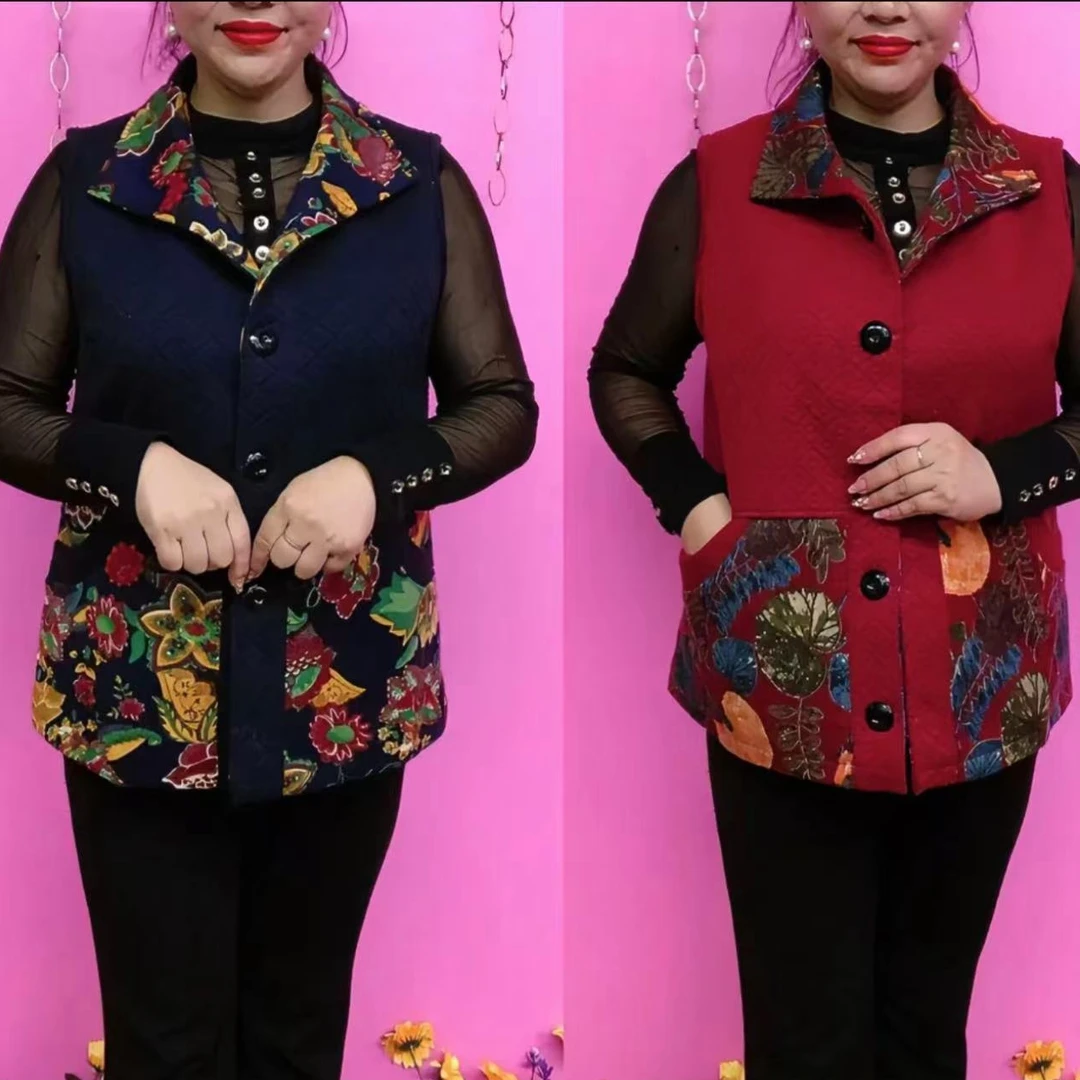 2024秋季新款中老年女装花马甲妈妈装无袖坎肩背心上衣翻领开衫