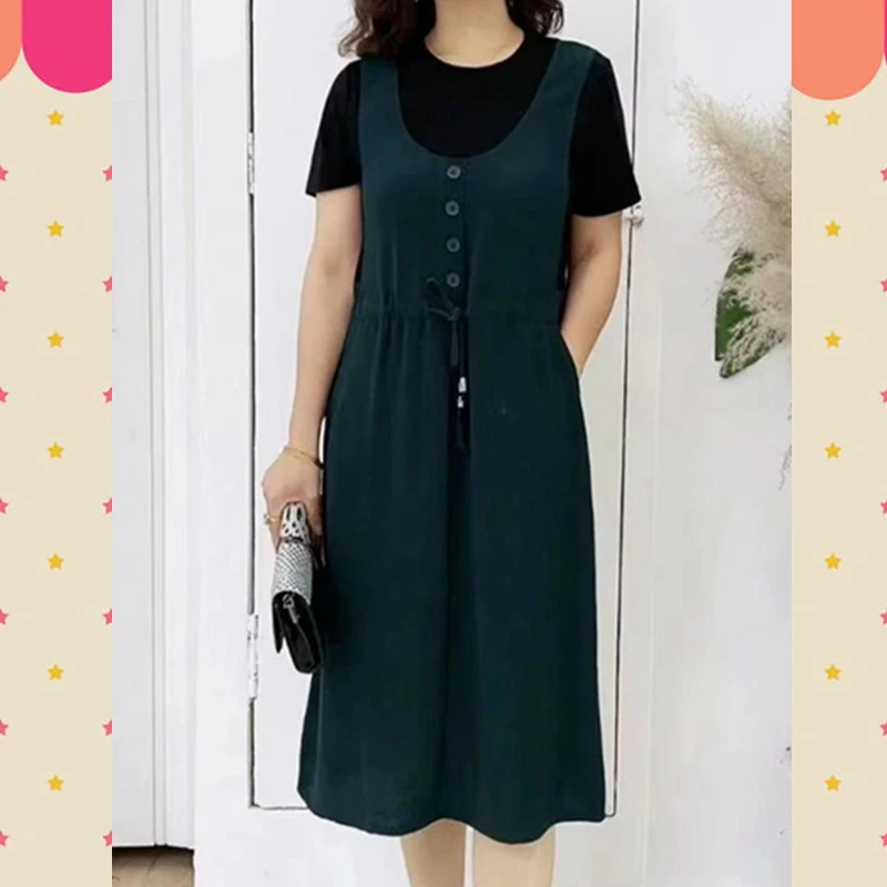 连衣裙显瘦气质时尚休闲夏季假两件拼接中年女装中长款遮肚裙子