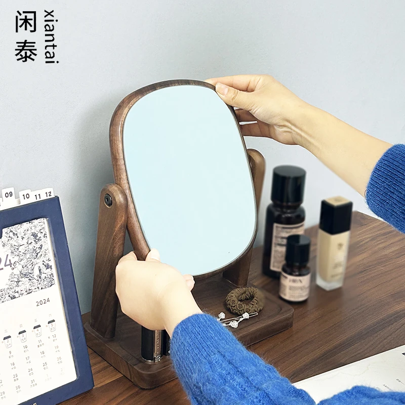 黑胡桃木桌面置物化妆镜家用梳妆镜台式旋转公主镜学生宿舍镜子