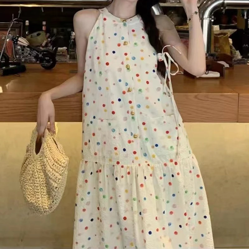 【波普艺术】今年流行彩色波点 宽松肌理感印花无袖挂脖连衣裙