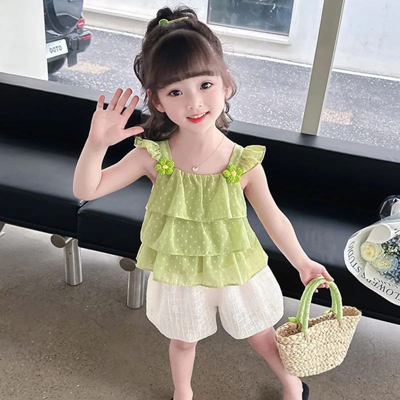 女童夏季无袖套装儿童蕾丝花包裤夏款短裤洋气薄款女宝宝吊带套装