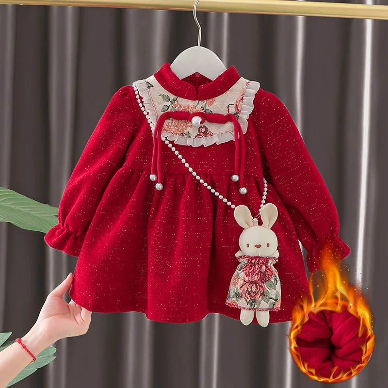 【平替好物】女童连衣裙秋冬加绒中国风儿童装婴儿周岁礼服宝宝裙子