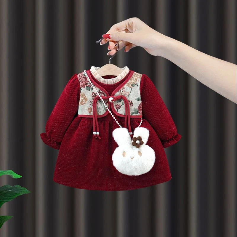【平替好物】周岁女宝礼服女童冬加绒连衣裙婴儿中国风假两件公主裙