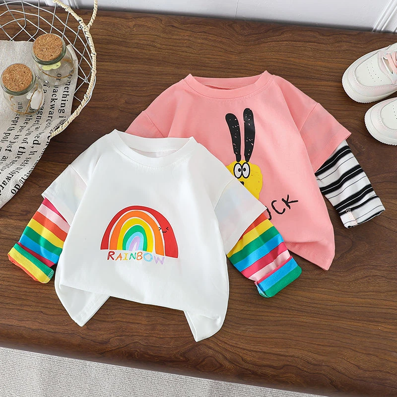 儿童长袖童装男女童新款打底春秋宝宝秋装T恤条纹假两件上衣小童