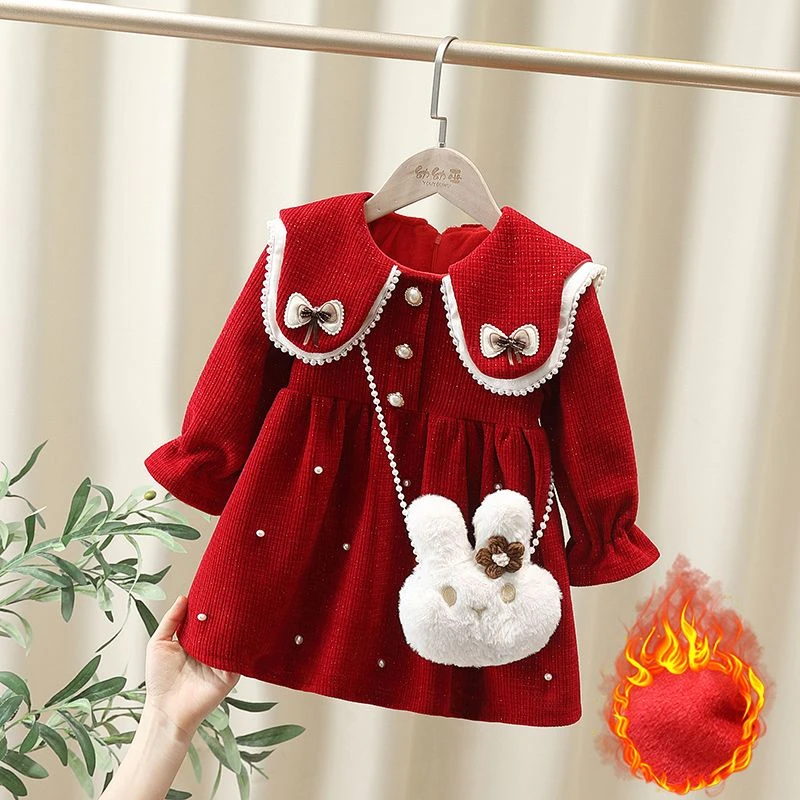 【平替好物】女童连衣裙冬款2025新款小童娃娃领红色加绒加厚宝宝裙