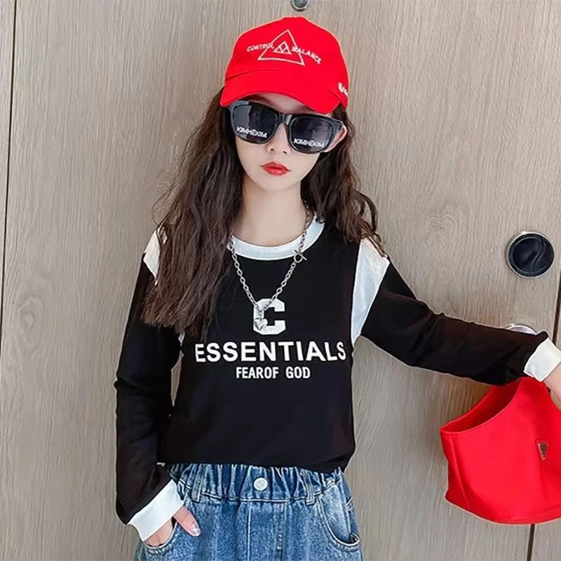 女童2023春季新款c字母上衣女童长袖t恤春秋甜酷打底衫洋气中大童