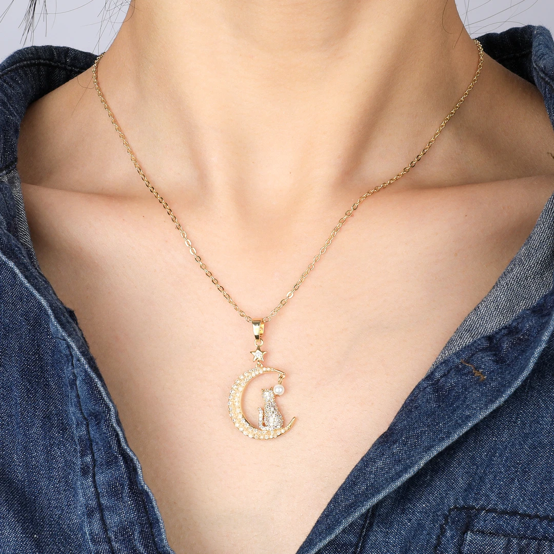 享见 铜合金项链 经典月亮猫吊坠珠珠星星项链 百搭轻奢时尚小众