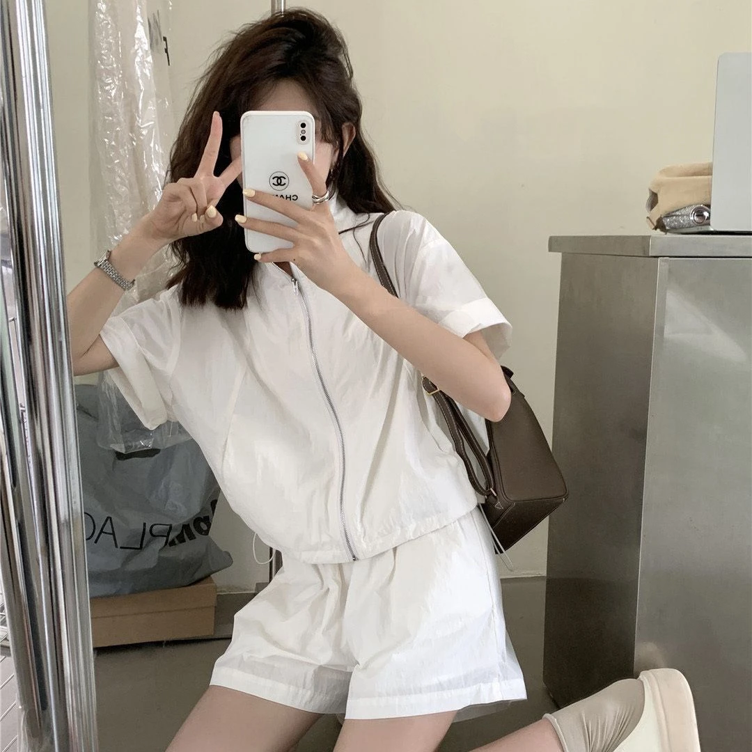 { HUI HUI }新款休闲运动套装高级宽松轻薄短裤两件套可当防晒衣
