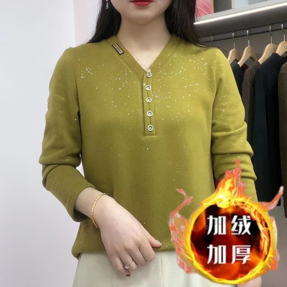 秋冬加绒加厚v领烫金长袖打底衫时尚百搭款上衣显瘦遮肉洋气减龄