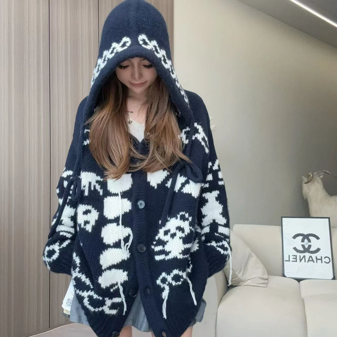 【厚墩墩熊猫】241536重工费尔岛熊猫提花款连帽衫保暖百搭休闲款