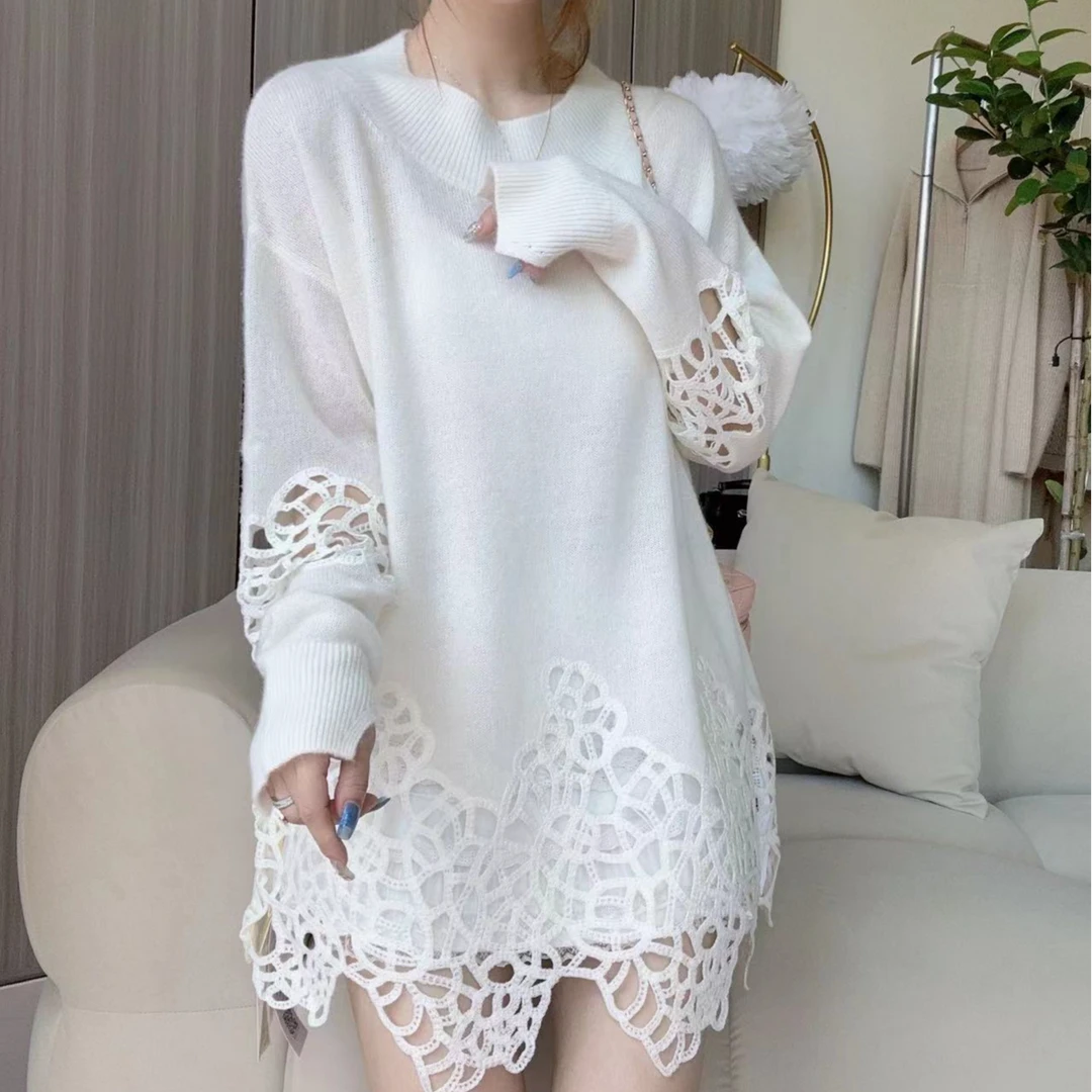 【温柔白月光】241167法式镂空款拼接款羊绒衫中长款显瘦遮肉百搭