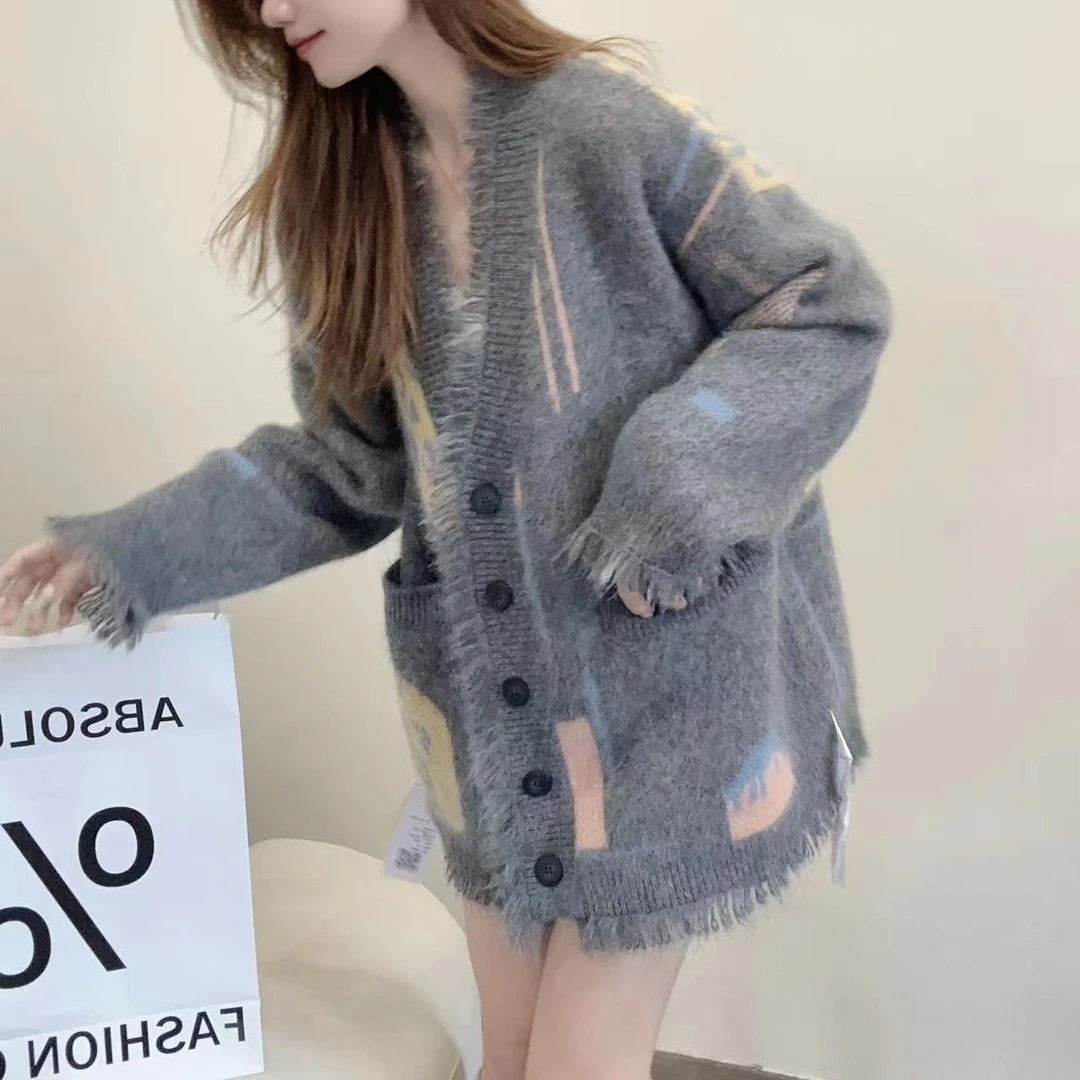 【100羊绒】拉绒工艺241440-100羊绒高级慵懒风拼色流苏针织外套