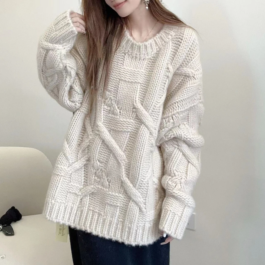 【100山羊绒】轻奢241337-100山羊绒慵懒风宽松重工麻花针织套头衫