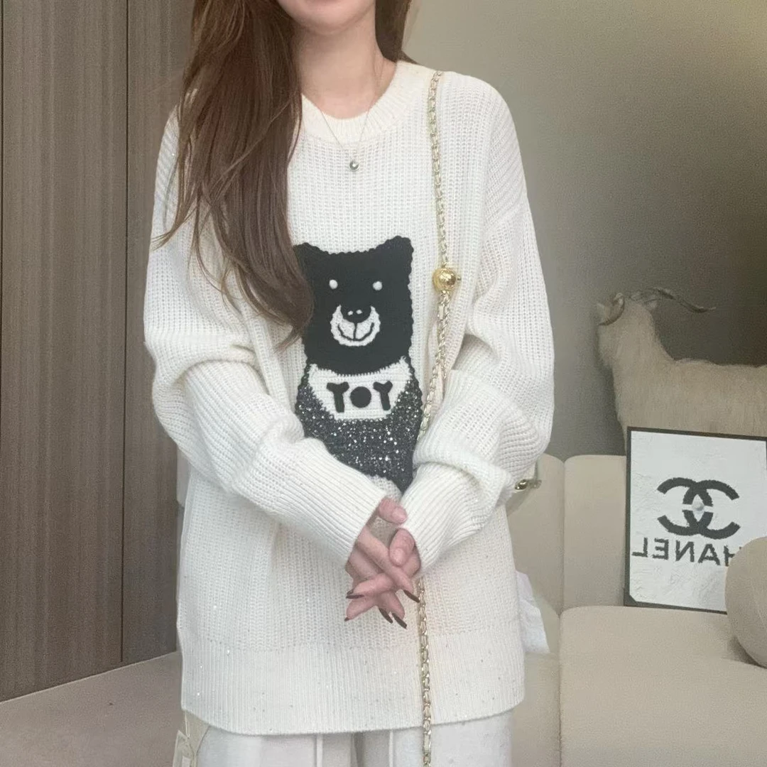 【百分百山羊绒】241162重工小熊款羊绒衫带珠片款洋气减龄款软糯