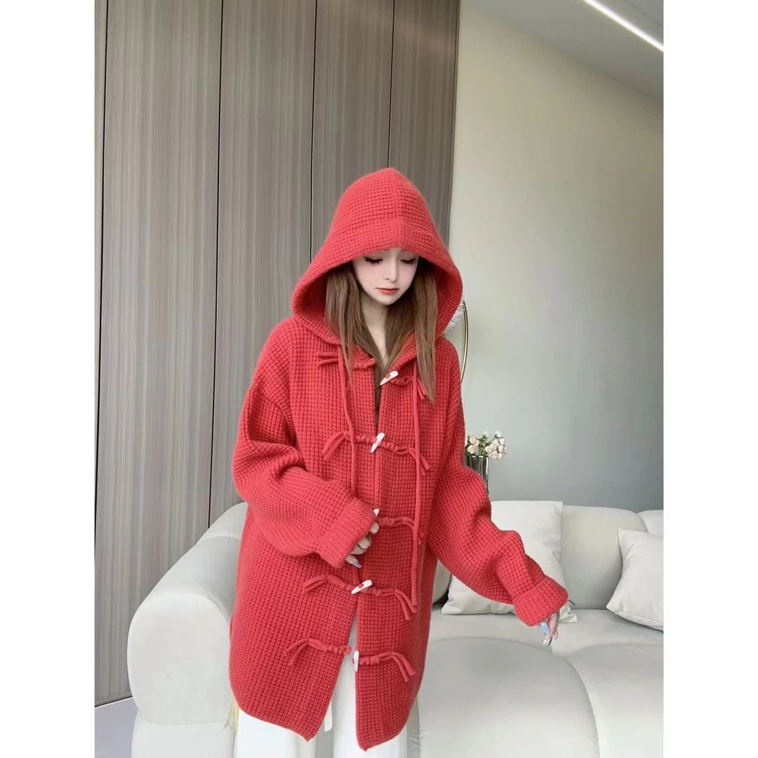 【重磅欧货】240309-100山羊绒粗棒针连帽牛角扣开衫加厚款慵懒时尚