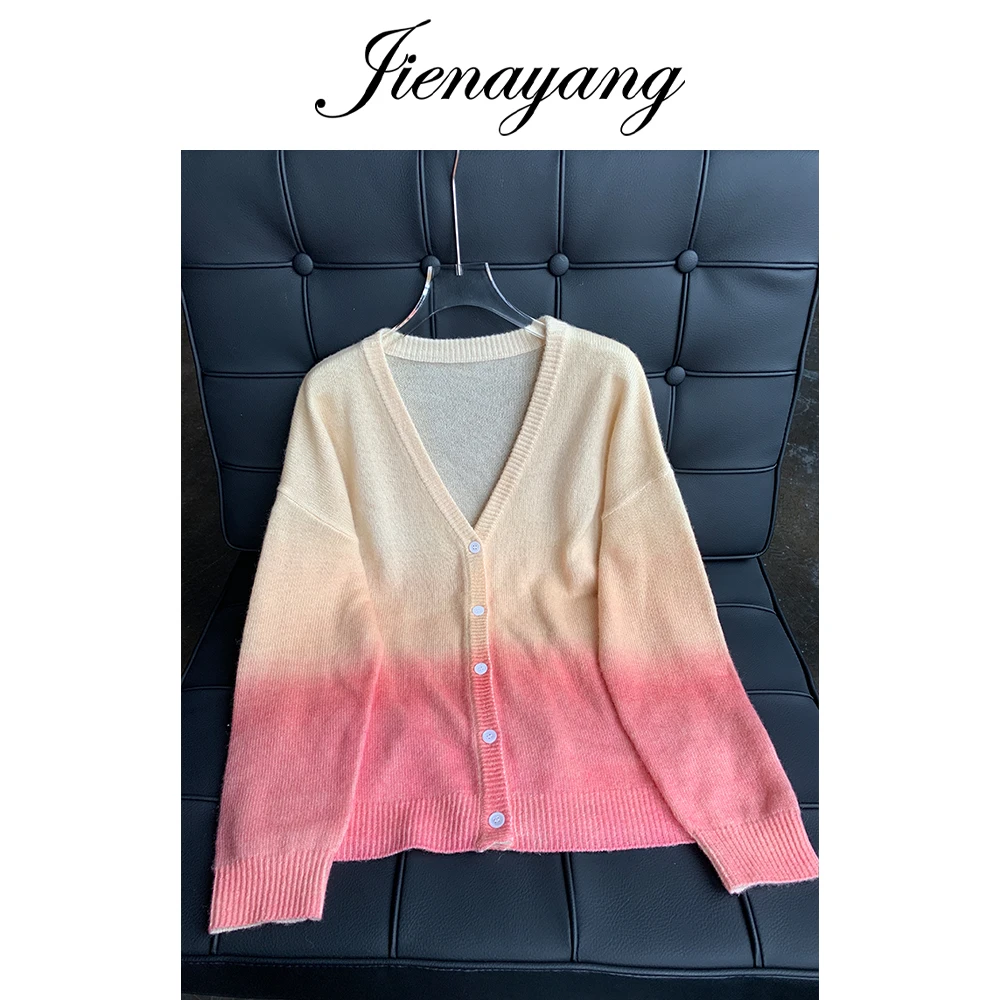【杰娜洋春季新款】230006名媛气质渐变色V领羊绒开衫