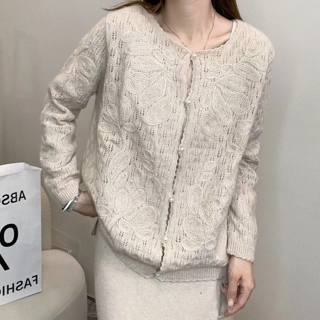 【百分百山羊绒】轻奢241722-100羊绒重工时尚手工钩花镂空针织开衫