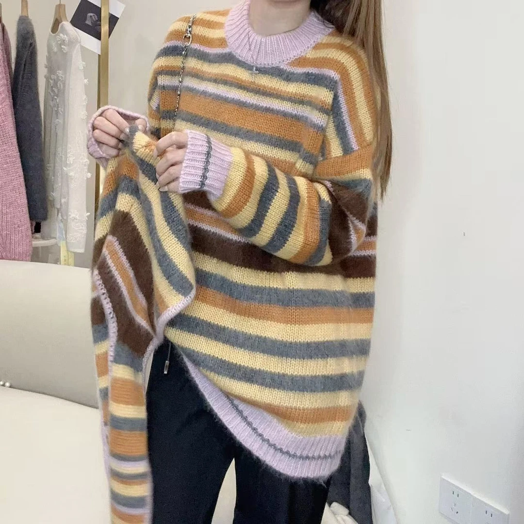 【100羊绒】拉绒工艺241775-复古慵懒风拼色条纹围巾帽针织套头衫