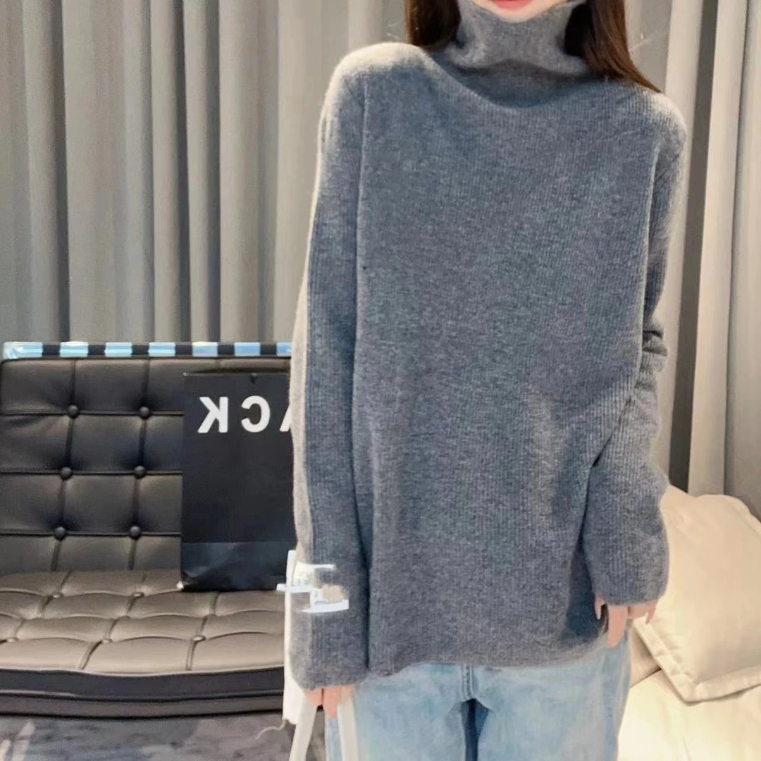 JIE NA YANG轻奢231670-宽松百搭针织高领坑条设计羊绒打底衫