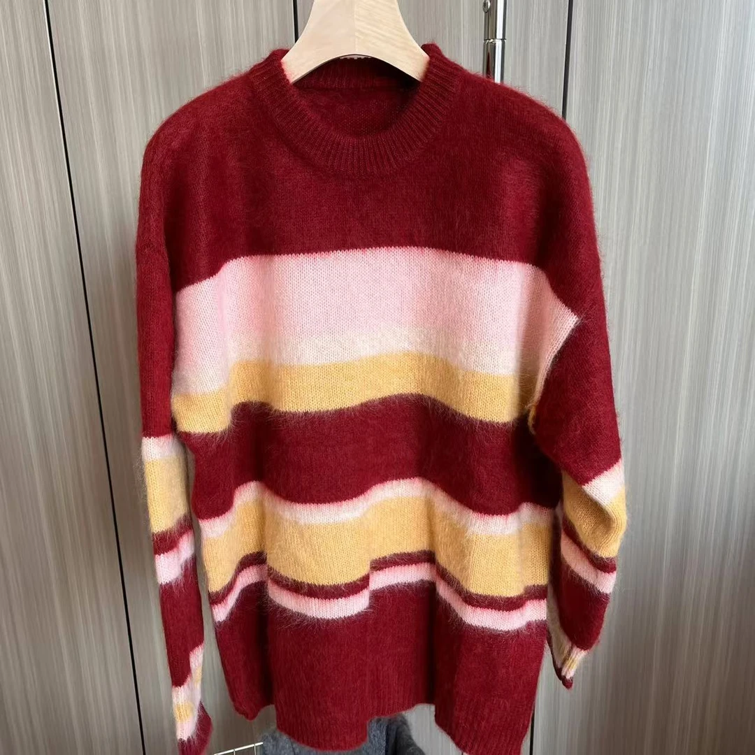 【百分百山羊绒】241534拉绒工艺款圆领撞色条纹款羊绒衫