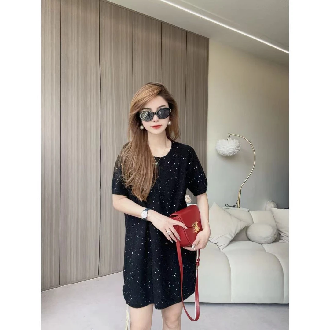 【100山羊绒】240454早秋新款圆领羊绒短袖珠片裙子款潮流星空款