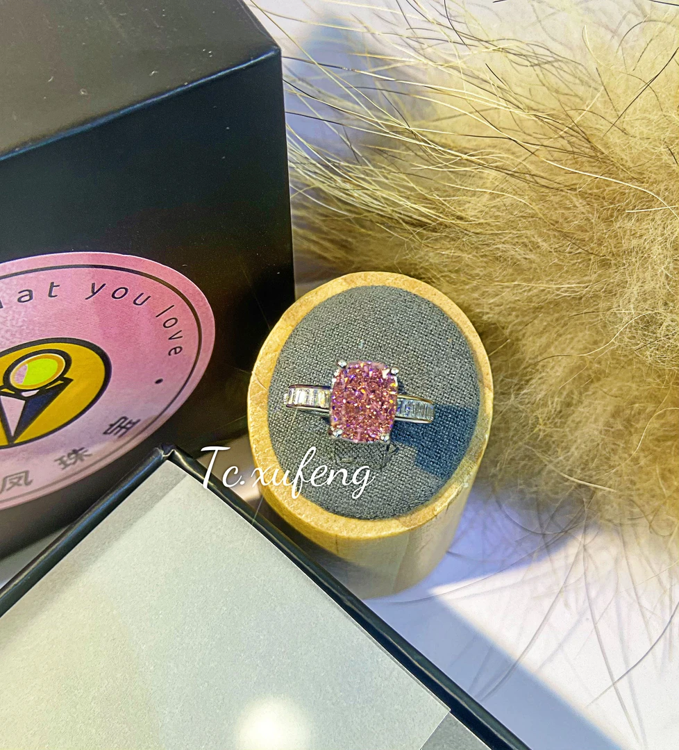 铜合金合成锆石戒指 Tc.4028中古肥长方粉钻冰花切戒指高碳-A130