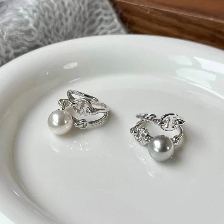 铜合金仿珍珠戒指 Tc.5010镶钻猪鼻双排珍珠戒指女气质轻奢髦小众