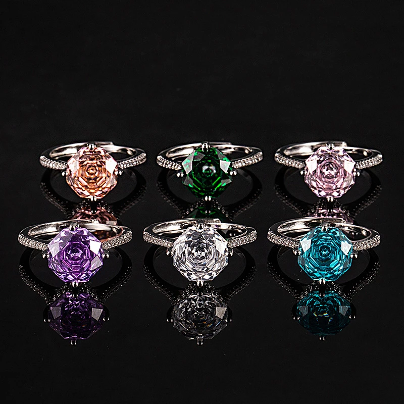 铜合金合成锆石戒指 Tc.9016八边形千禧切戒指镶嵌粉色帕帕高碳