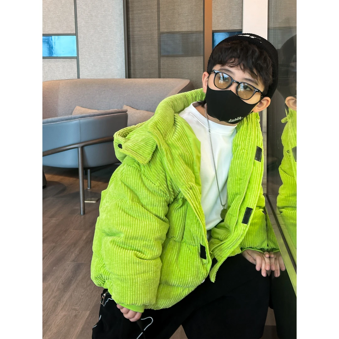蛋蛋他爹【阳光玫瑰绿】冬季新款时尚绿色灯芯绒字母连帽外套