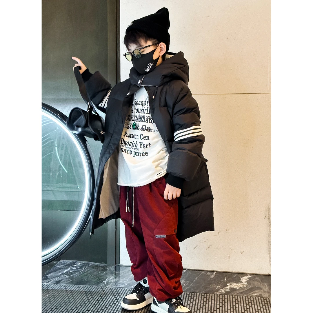 蛋蛋家【过冬神器】冬季新款时尚加厚黑色袖子三杠长款羽绒服外套