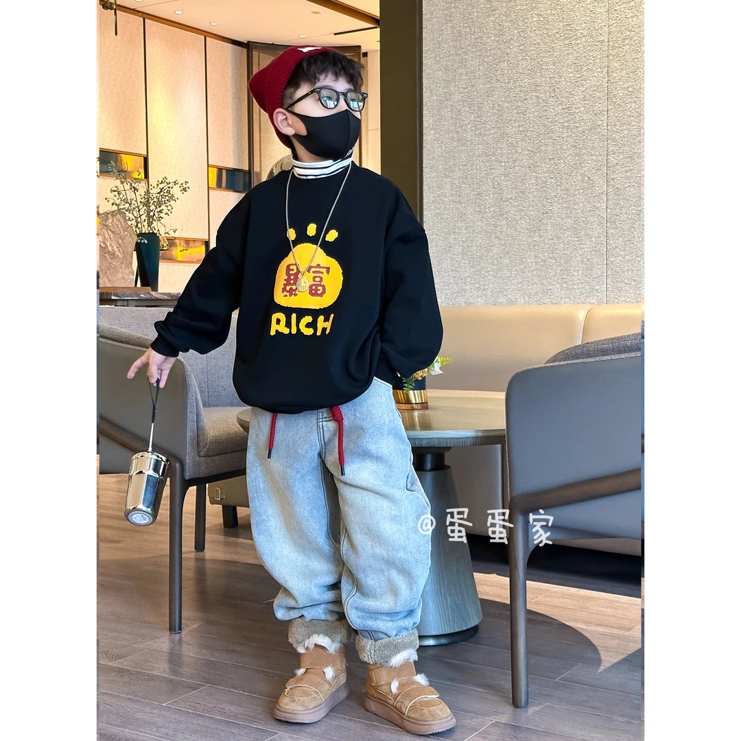 蛋蛋家【黑黄字母卫衣】冬季新款儿童宽松黑黄字母加绒卫衣