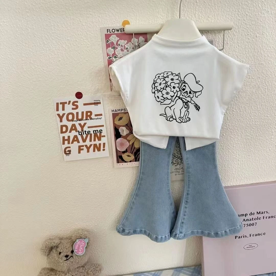 女童夏季洋气套装2024新款卡通短袖儿童牛仔喇叭裤夏装两件套