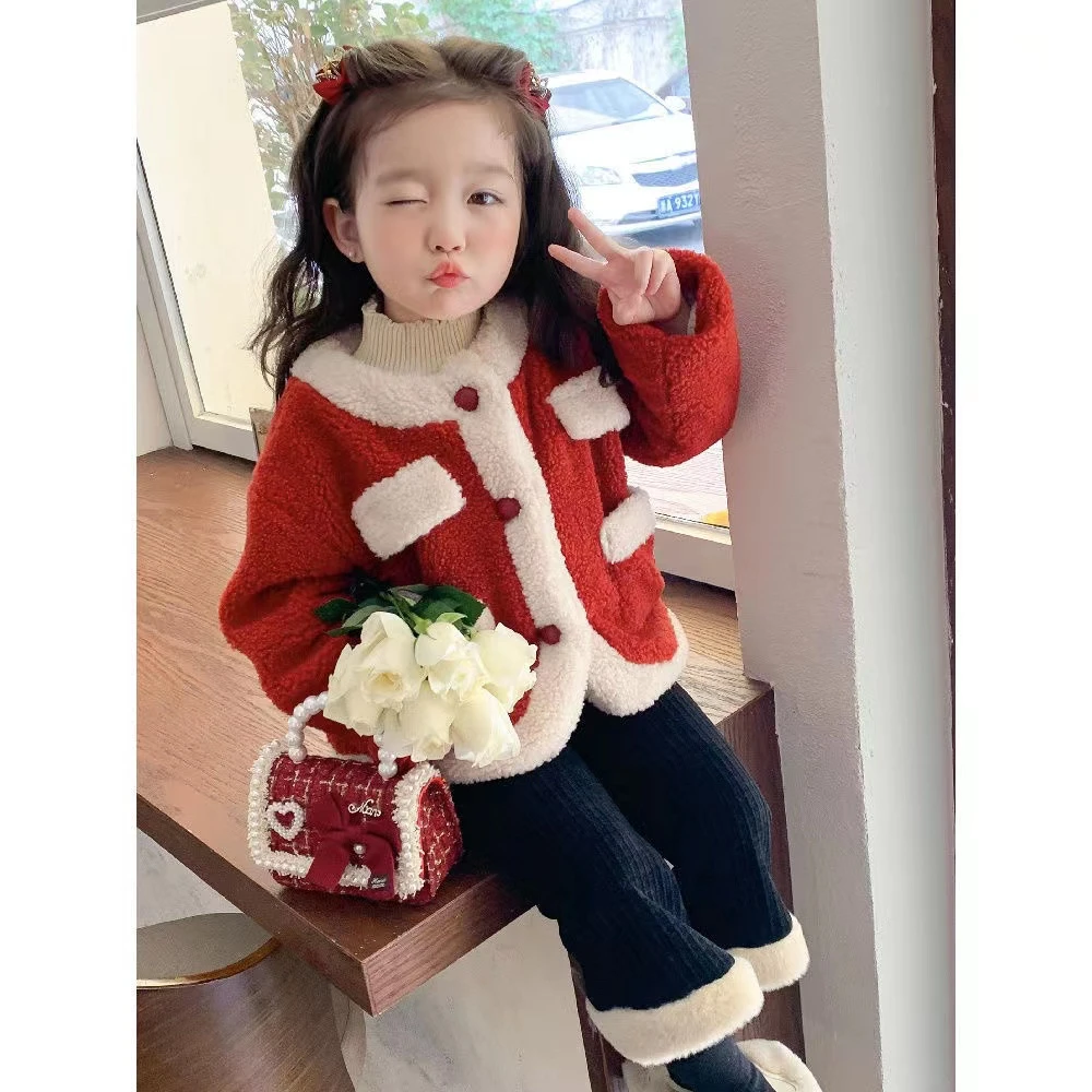 儿童套装2024新款女小童加绒加厚毛毛衣女童圣诞拜年服红色外套冬