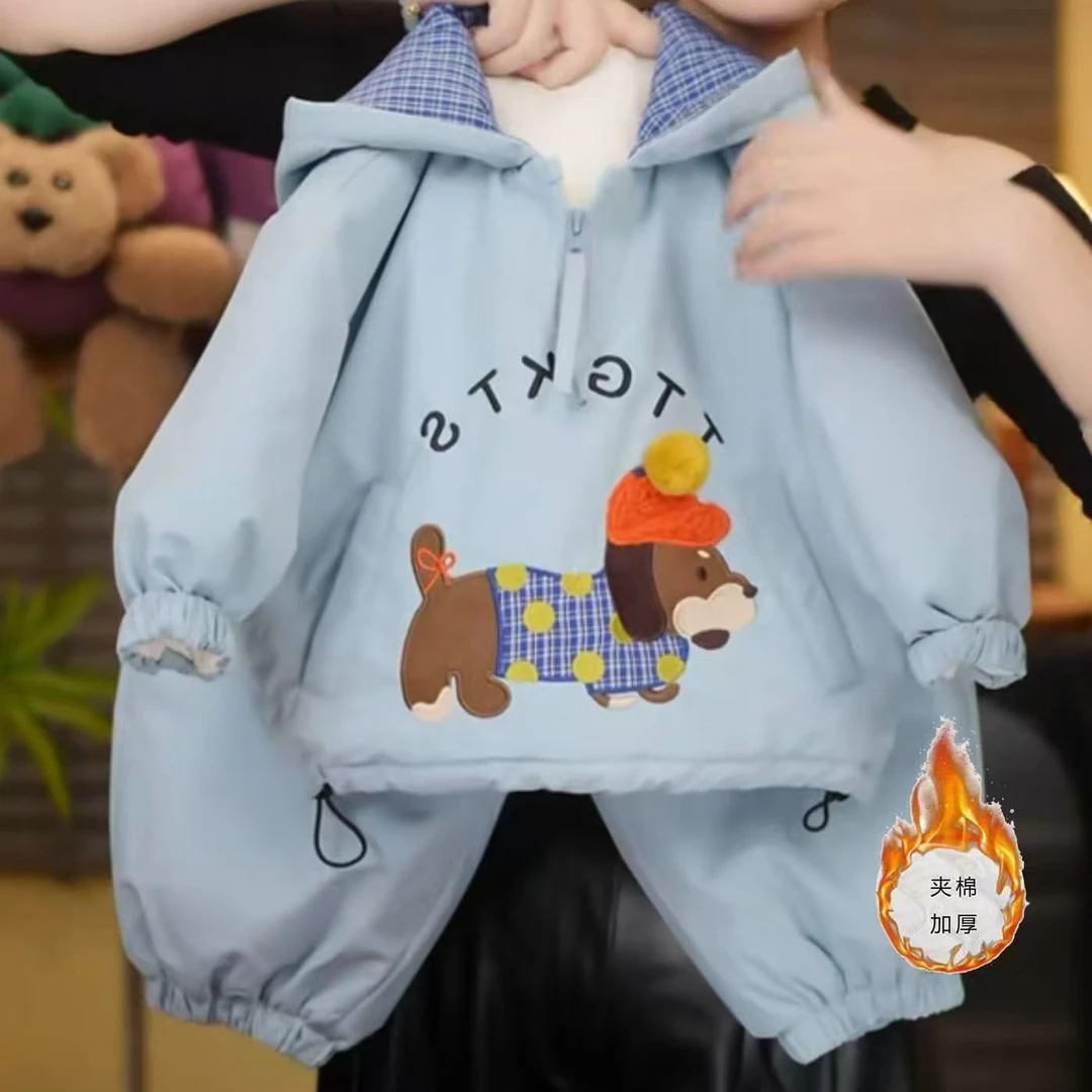 儿童套装2024加厚秋冬保暖新款男女童宝宝冲锋衣洋气棉服两件套