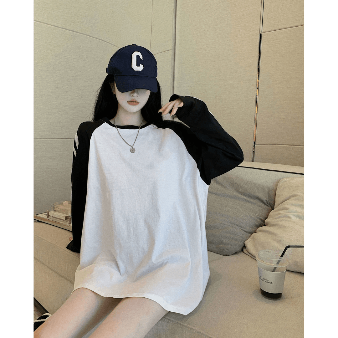 黑白撞色长袖t恤女2023秋季插肩袖宽松轻奢百搭打底衫上衣中长款