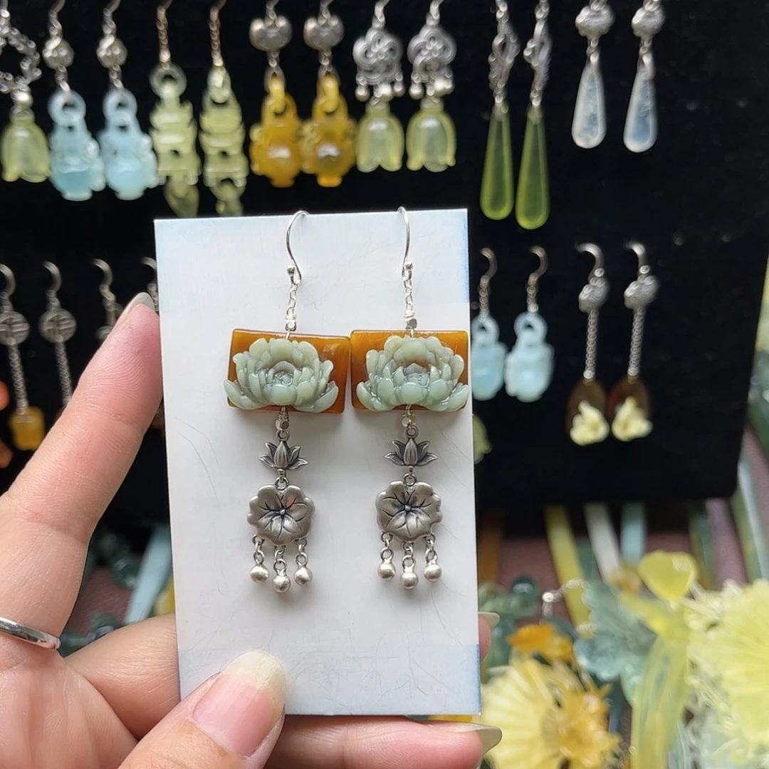【闪购商品】蛇纹石玉耳环合金闰***.
