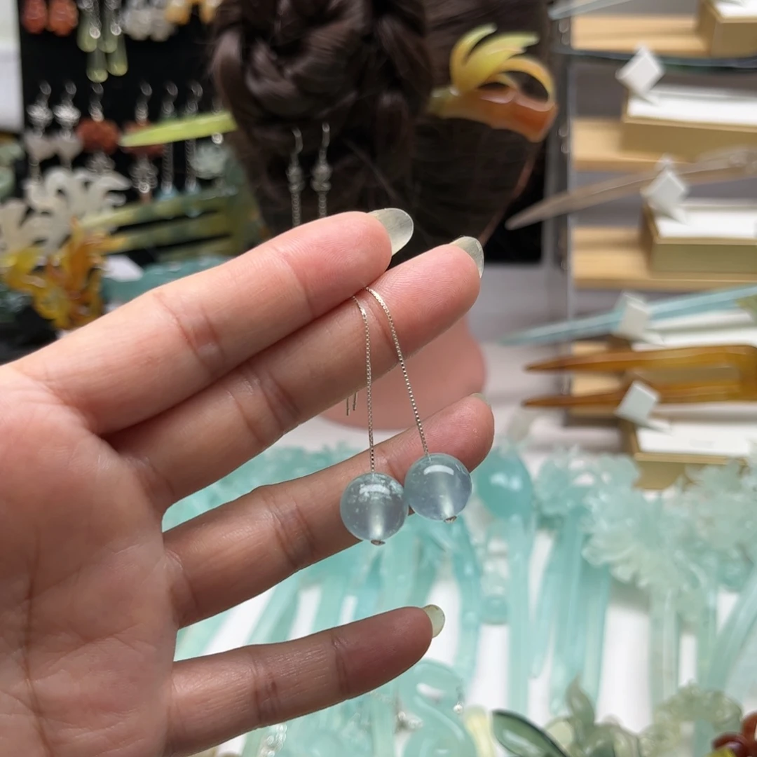 蛇纹石玉耳环合金明*