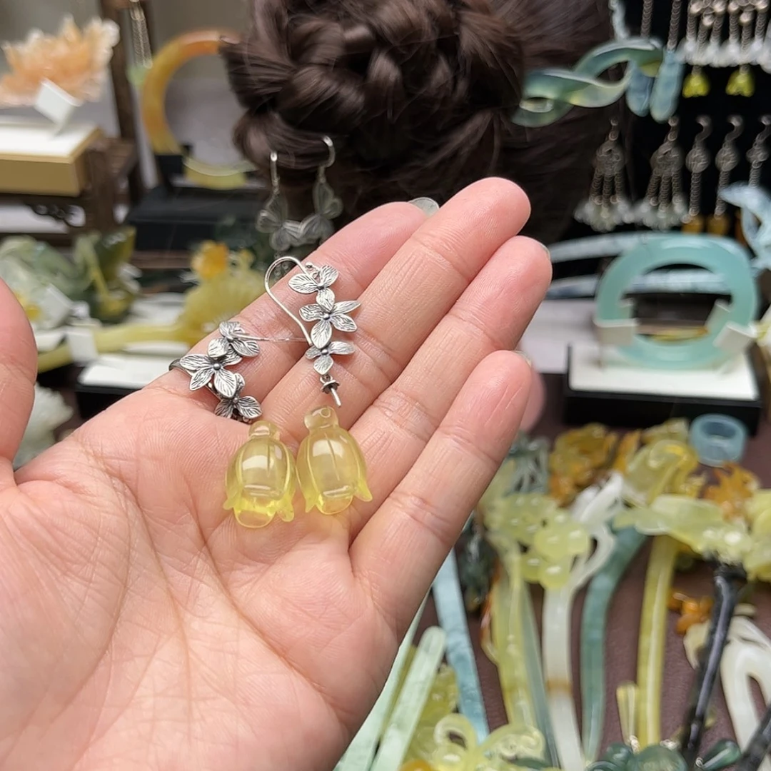 【闪购商品】蛇纹石玉耳环合金晓*