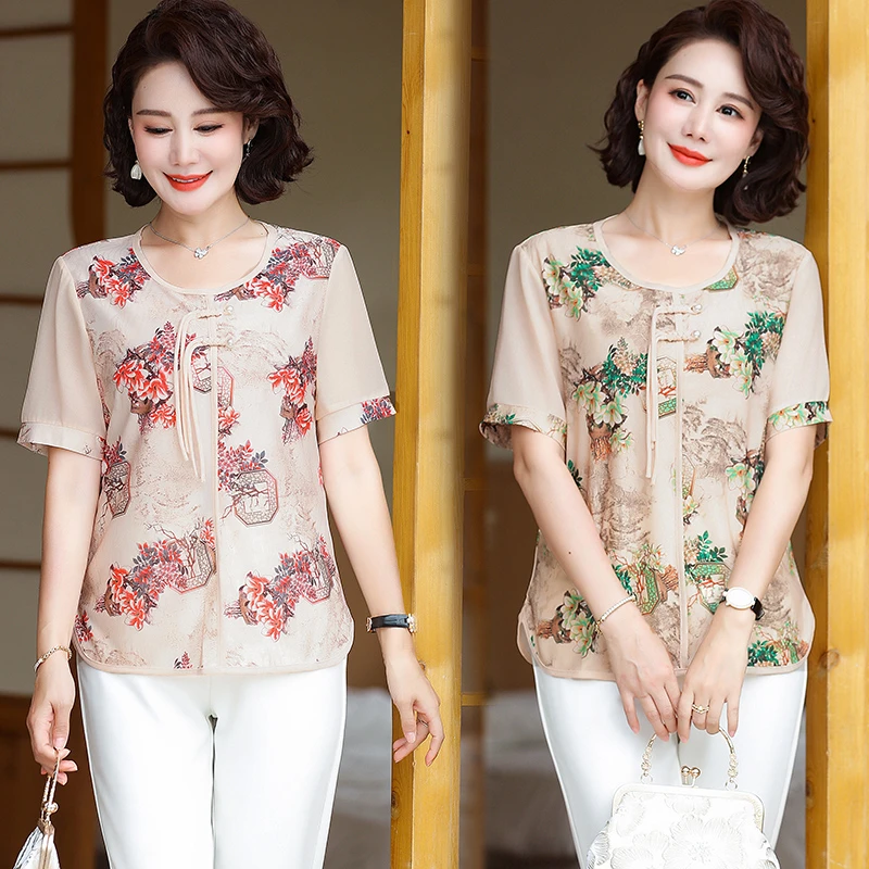 母亲节妈妈装夏装中式洋气短袖T恤套装中老年夏季宽松打底衫上衣
