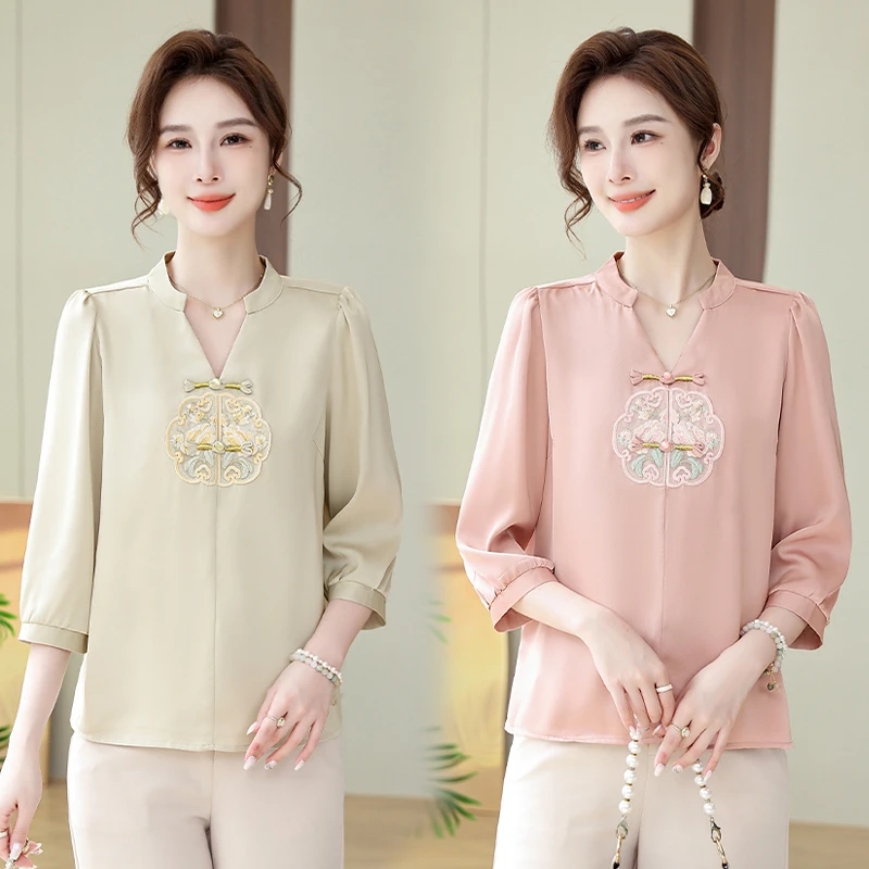 妈妈装气质衬衣长袖洋气时尚小衫绣花显瘦夏季新中式国风小众中式