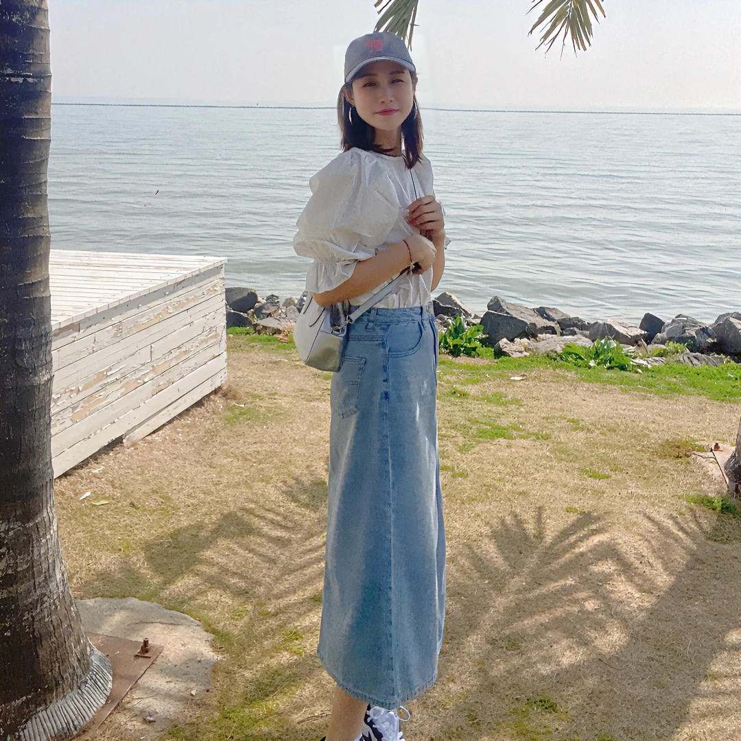 【丽姐女装】牛仔一步裙 “复古回潮”舒适百搭高腰开叉裙Q0303