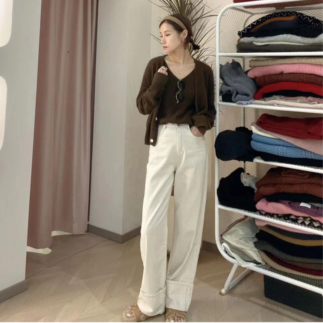 【丽姐女装】港风设计款翻边白色牛仔裤 百搭显腿长直筒拖地裤K0133