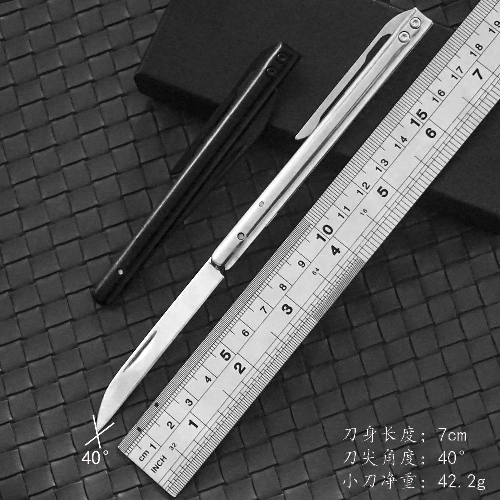 不锈钢折叠钢笔小刀创意迷你水果刀带背夹设计户外便携拆箱小刀子
